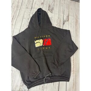 Tommy Hilfiger Vintage Hoodie Sweatshirt Gray Embroidered Logo Spellout‎ 90s
